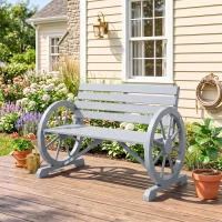 Outsunny 41" Wooden Wagon Wheel Bench, Rustic Outdoor Patio Bench Weather Resistance Furniture, 2-Person Slatted Seat with Backrest, Light Gray(m-10)