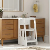 Qaba Toddler Kitchen Helper 2 Step Stool with Adjustable Height Platform and Safety Rail, White(m-8)