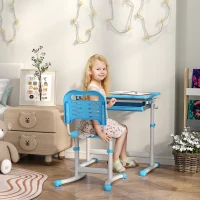 Qaba Height Adjustable Kids Desk and Chairs Set with Tilt Desktop, Storage Drawer, Pen Slot, Hook, Blue(m-2)