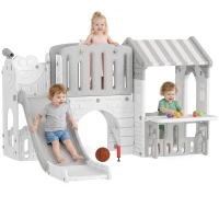 Qaba 7-in-1 Toddler Slide, Kids Slide Climber Playset with Playhouse and Basketball Hoop for 1-4 Years, Grey(m-9)