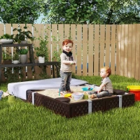 Qaba Kids Sandbox with Cover, 4 Corner Seats, Bottom Liner for Backyard, Garden, Outdoor, 73" x 47" x 9", Dark Brown(m-8)