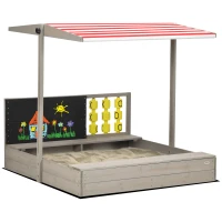 Outsunny Kids Sandbox with Canopy, Bench Seats Wooden Sand Pit, Backyard Toy with Chalkboard, Tic Tac Toe Game, Gift for Girls and Boys, Ages 3-7(m-1)
