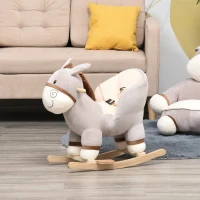 Qaba Kids Rocking Chair, Plush Ride On Rocking Horse Donkey with Sound, Wood Base Seat, Safety Belt, Baby Toddler Rocker Toy for 18 - 36 Months, Gray(m-10)