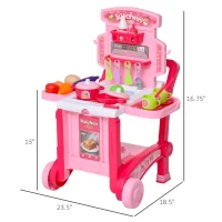 Qaba Pretend Play Kitchen Playset Chef Role Play Game 3-in-1 Design Suitcase Cart with 42 Pcs Accessories for Girls and Boys 3 to 6 Years Old Pink(m-3)