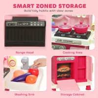 Qaba Kids Kitchen Playset, Play Kitchen with Lights, Sounds, Circulating Water Sink, Storage, 33 PCS for 3-6 Years, Pink(m-6)