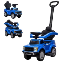 Qaba 3 In 1 Licensed Ford Kids Push Car with Push Handle, Horn, Sound, Secure Bar, Storage, for Toddlers 18-36 Months, Blue(m-1)