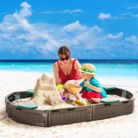Outsunny Kids Outdoor Sandbox with Cover Garden Bed Sand Pit, Easy Assembly Children's Oval Sandbox for Backyard, Brown, 72" x 41.25" x 8.75"(m-2)