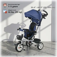 Qaba 6 in 1 Toddler Tricycle with Parent Push Handle, Canopy, Storage Baskets, Cupholder, Dark Blue(m-3)