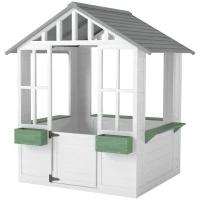 Outsunny Kids Wooden Playhouse, Outdoor Garden Games Cottage with Flowers Pot Holder, Working Door, Windows, White(m-1)