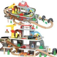 Qaba 79Pcs Wooden Train Set Mine Themed with Crane, Helicopter, Track & Accessories, for Boys & Girls 3+ Years Old(m-9)