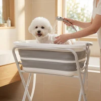 PawHut Dog Bath Tub Dog Washing Station, Elevated Foldable Dog Bathtub with Hose, Storage Shelf, for Small Dogs Puppies Gray(m-9)