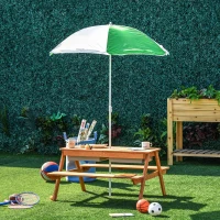 Outsunny Kids 3 in 1 Sand and Water Table, Wooden Outdoor Convertible Picnic Table with Umbrella and Storage Inside, Bench Backyard Furniture for Garden, Patio, or Balcony(m-10)