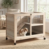 PawHut Rabbit Hutch with Wheels, Desk and Side Table Sized, Wooden Rabbit Cage, Waterproof Small Bunny Cage with Removable Tray, Openable Roof, for Rabbits, Chickens, Ducks, Indoor/Outdoor, Natural(m-2)