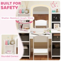 Qaba Kids Vanity Table and Chair, Toddler Dressing Table and Chair Set with Lighted Mirror for Little Girls, White(m-7)