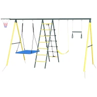 Outsunny Metal Swing Set for Backyard 5 in 1 Design Holds up to 440 lbs. for Ages 3-8, Yellow(m-1)