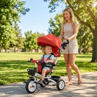 Qaba 6 in 1 Toddler Tricycle with Parent Push Handle, Canopy, Storage Baskets, Cupholder, Red(m-1)