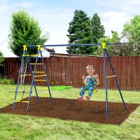 Outsunny Kids Metal Swing Set for Backyard, Outdoor Play Equipment, with Saucer Swing Adjustable Swing Seat, Basket Hoop, Climb Ladder, Net, A-Frame Metal Stand, for 3-10 Years Old, Green(m-2)