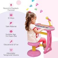 Qaba Kids Toy Keyboard Piano Toddler Electronic Instrument with Stool, Microphone and Bright Flashlight for Children Birth Gift, Pink(m-6)