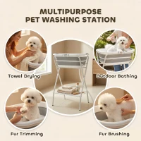 PawHut Dog Bath Tub Dog Washing Station, Elevated Foldable Dog Bathtub with Hose, Storage Shelf, for Small Dogs Puppies Gray(m-5)