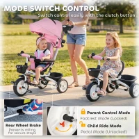 Qaba 6 in 1 Toddler Tricycle with Parent Push Handle, Canopy, Storage Baskets, Cupholder, Pink(m-7)