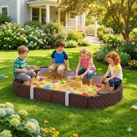 Qaba Kids Sandbox with Cover, 4 Corner Seats, Bottom Liner for Backyard, Garden, Outdoor, 71" x 42" W x 9", Dark Brown(m-2)
