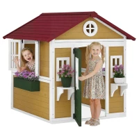 Outsunny Wooden Playhouse for Kids Outdoor with Doors, Windows, Planter Pots and Boxes for Toddlers 3-8 Years, Beige(m-14)