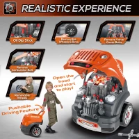 Qaba Kids Truck Engine Toys, Kids Mechanic Workshop Set with Light, Sounds, Steering Wheel and Horn for Boys Girls 3 4 5 Years Old Pretend Play, Orange(m-7)