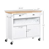 HOMCOM Rolling Kitchen Island Cart, Trolley Cart with Wine Rack, Rubberwood Top, Drawer and Hook, White(m-5)