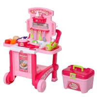 Qaba Pretend Play Kitchen Playset Chef Role Play Game 3-in-1 Design Suitcase Cart with 42 Pcs Accessories for Girls and Boys 3 to 6 Years Old Pink(m-11)