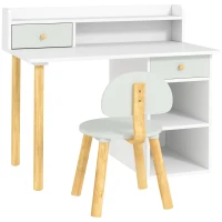Qaba Kids Study Table and Chair Set, Kids Desk and Chair Set w/ Storage and Shelves, for 3-8 Year Old, Green(m-2)