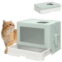 PawHut Cat Litter Box, Front Enter & Top Exit Cat Litter Tray with Scoop, Pull-out Tray, Easy to Clean, Green(m-9)