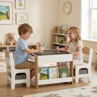 Qaba 3 Piece Kids Table and Chair Set with Reversible Tabletop, Blackboard, Storage, Bookshelf, for Playroom, Nursery Natural(m-8)