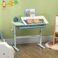 Qaba Kids Desk, Height Adjustable Children School Study Table, Student Writing Desk with Tilt Desktop, Drawer, Reading Board, Blue(m-10)