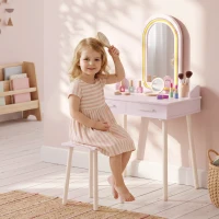 Qaba Kids Dressing Table, Girls Vanity Set with Stool, 3-Colour LED Lights Mirror, Large Drawer for Ages 3-8, Pink(m-1)