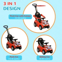 Qaba 3 in 1 Push Car Sliding Car with Removable Handle, Music, Horn, Canopy, Safety Guardrail, Red(m-4)