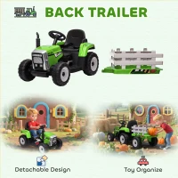 Aosom 12V Kids Ride on Tractor with Trailer, Battery Powered Electric Kids Car with Remote Control, Music Start up Sound and Horn, USB, LED Lights, Green(m-4)