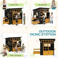 Qaba Outdoor Playhouse, Wooden Kids Playhouse w/ Picnic Table & Benches, Chalkboards, Half Door, Windows, for Kids Ages 3-8(m-6)