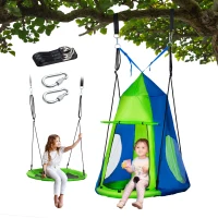 Outsunny Kids Hanging Tree Swing Tent for Backyard, Waterproof Hammock Chair Nest Pod, Saucer Swing with Screen Window, Rolling Door, for Indoor & Outdoor Use, Green(m-1)