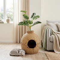 PawHut Hidden Cat Litter Box Enclosure with Faux Plant & Stainless Steel Tray for Bedroom, Living Room, Corner(m-10)