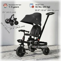 Qaba Tricycle for Toddler 5 in 1 Kids Trike, Foldable Converts Stroller to Toddler Bike, Adjustable Backrest & Curved Canopy, Detachable Guardrail & Handle for 1-5 Years Old, Black(m-3)