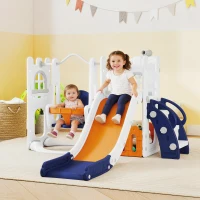 Qaba 6-in-1 Slide and Swing Set Baby Swing Playset Indoor with Basketball Hoop, Climber, Storage Space, Telescope, Orange(m-1)