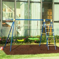 Outsunny Kids Metal Swing Set for Backyard, Outdoor Play Equipment, with Saucer Swing Adjustable Swing Seat, Basket Hoop, Climb Ladder, Net, A-Frame Metal Stand, for 3-10 Years Old, Green(m-10)