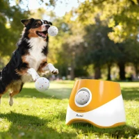PawHut Automatic Dog Ball Launcher with 5 ETPU Balls 2.3", 3 Distance Settings 20ft, 33ft, 46ft, Orange(m-8)