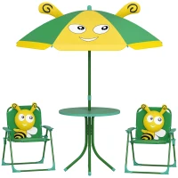 Qaba Kids Picnic Table and Chair Set, Outdoor Activity Table with Foldable Chairs, Height Adjustable Umbrella, Green(m-11)