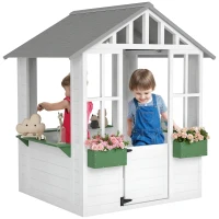 Outsunny Kids Wooden Playhouse, Outdoor Garden Games Cottage with Flowers Pot Holder, Working Door, Windows, White(m-11)