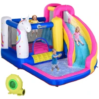 Outsunny Inflatable Water Slide Bounce House with Trampoline, Climbing Wall, Water Cannon, Basketball Hoop, Splash Pool, 450W Blower, Unicorn Themed Bouncy House for Kids 3-8 Years Old(m-1)