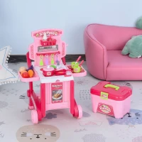 Qaba Pretend Play Kitchen Playset Chef Role Play Game 3-in-1 Design Suitcase Cart with 42 Pcs Accessories for Girls and Boys 3 to 6 Years Old Pink(m-1)