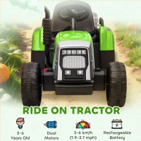 Aosom 12V Ride on Tractor with Trailer, 25W Dual Motors, Battery Powered Electric Tractor with Remote Control, Music Startup Sound and Horn, LED Lights, Green(m-8)