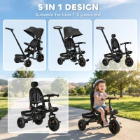 Qaba Tricycle for Toddler 5 in 1 Kids Trike, Foldable Converts Stroller to Toddler Bike, Adjustable Backrest & Curved Canopy, Detachable Guardrail & Handle for 1-5 Years Old, Black(m-4)