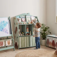 Qaba Kids Bookshelf with Storage, Toy Storage Unit with Book Display, Shelves and Fabric Drawers for Playroom Nursery, Green(m-1)